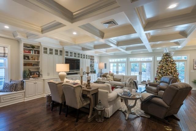 Integrated Storage Cabinets Complementing a Warm, Traditional Living Area