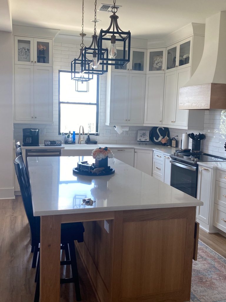 Stylish Wood-Tone Kitchen Island in an Open-Concept Living Space