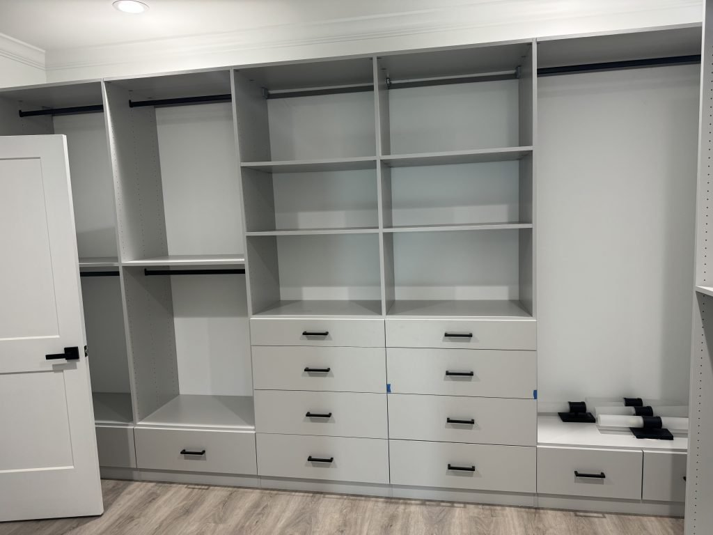 Tall Gray Closet Unit with Drawers and Shoe Shelves