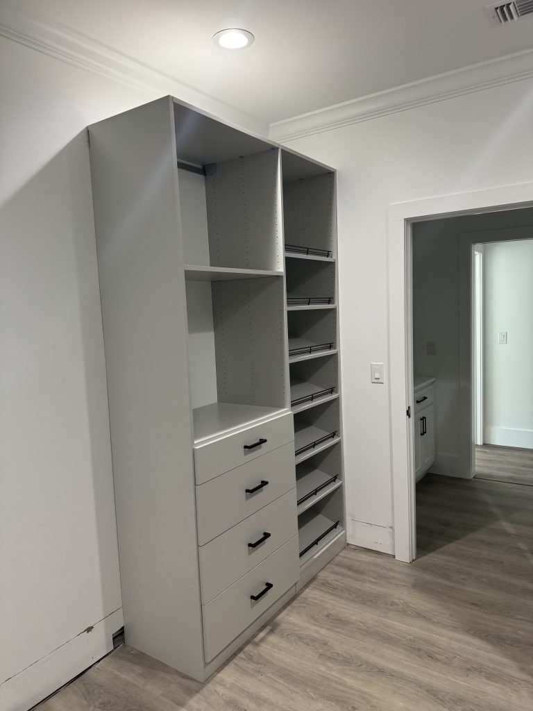 Gray Closet Organizer System with Drawers and Pull-Out Shelves