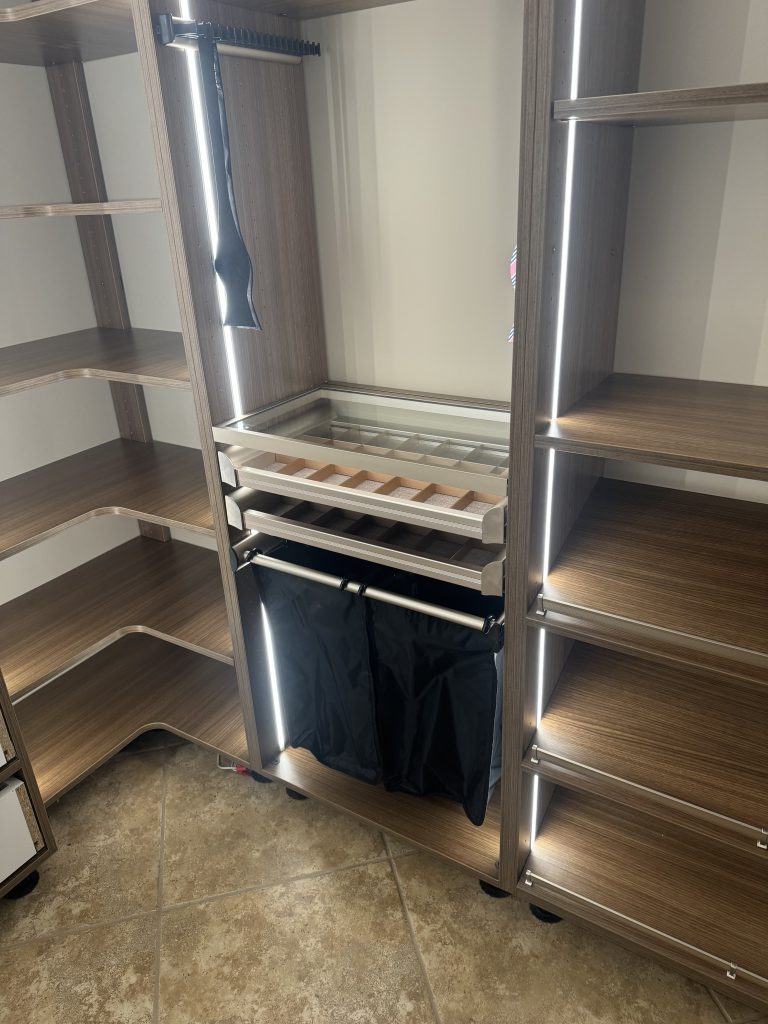 Custom Closet Setup with Lighting, Pull-Out Rack, and Storage Bins